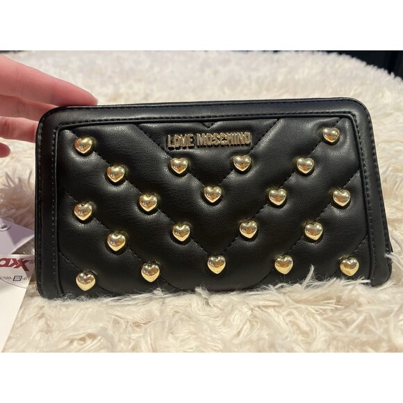LOVE MOSCHINO Black Vegan Leather Gold Heart Studded Full Zip Wallet Red Inside - Picture 3 of 16
